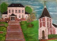 Mairie et &eacute;glise de Manneville la Goupil, 76, sur grande toile de lin. PROPRIETE DE LA MAIRIE DE MANNEVILLE LA GOUPIL